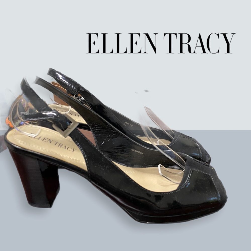 Ellen Tracy Black Patent Peep Top Heels 8